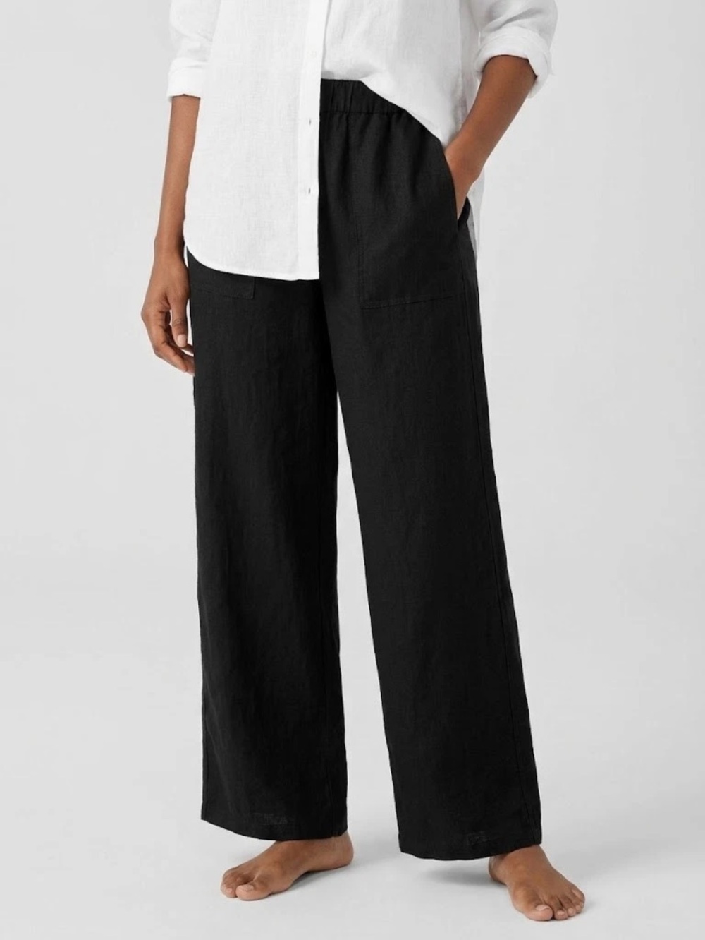 Eileen Fisher Black Wide Leg Organic Linen Pants Medium Elastic Waist